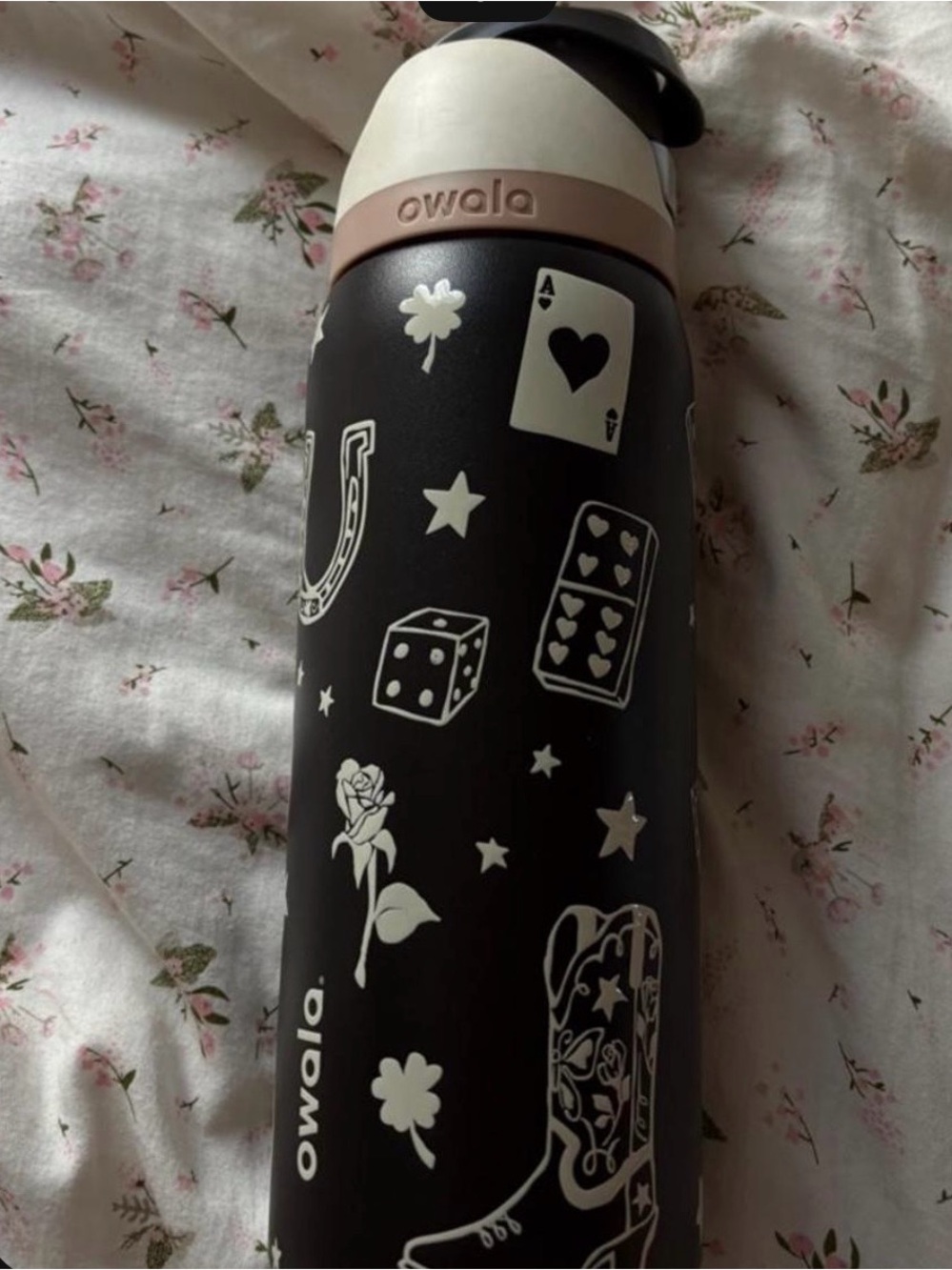 Owala Black Stainless Steel Water Bottle with White Icons